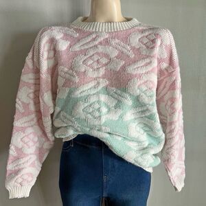 Vintage Pastel Floral Knit Sweater Pink Mint 90s Y2K Coquette Pullover